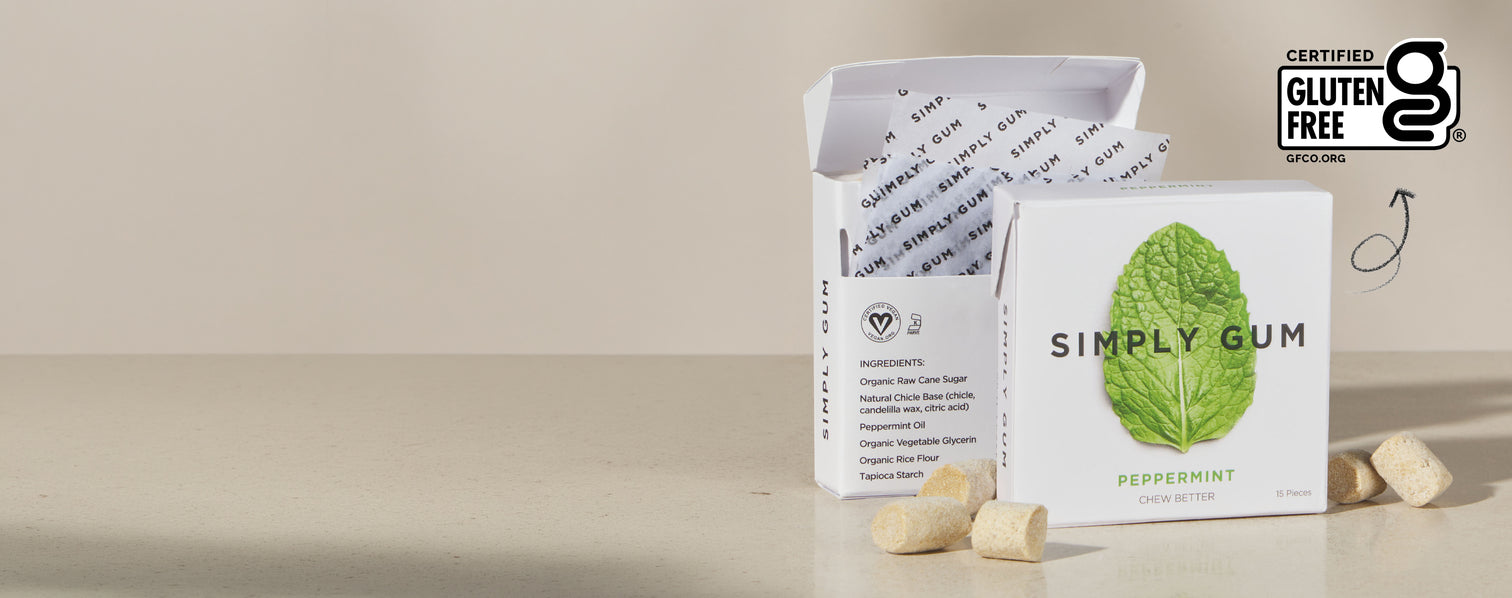 Simply Gum packaging with a beige background announcing gluten free certification
